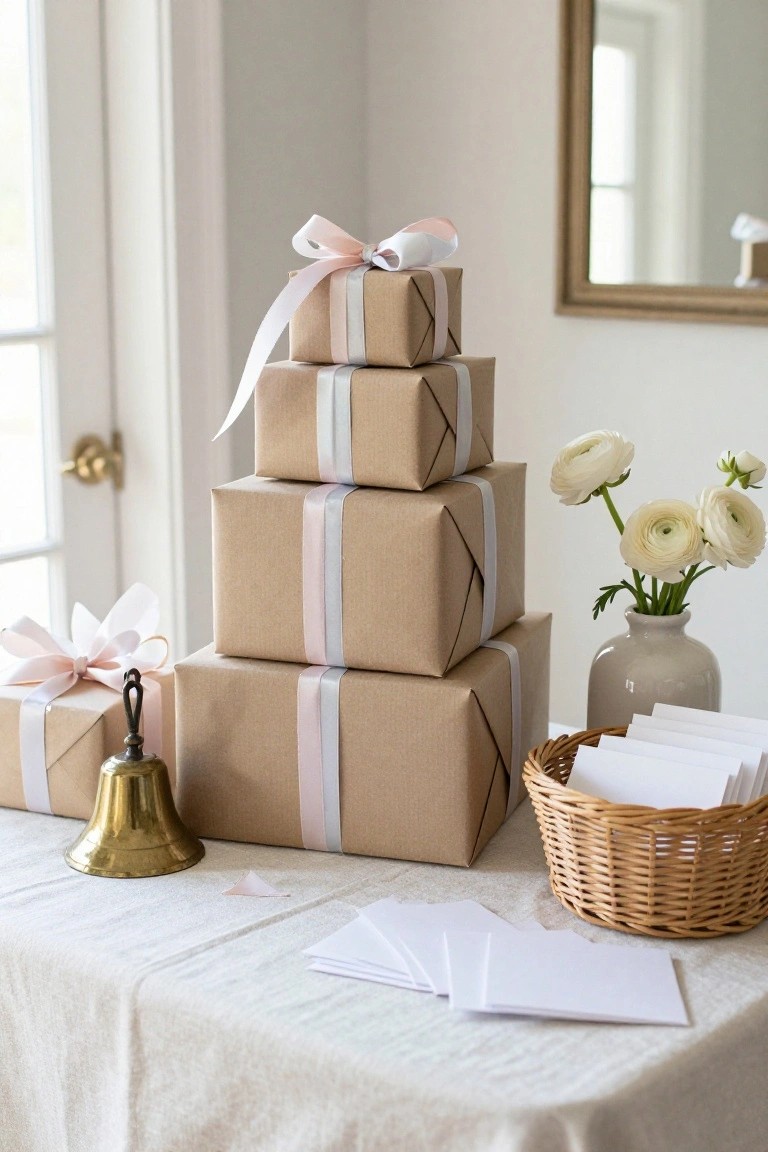 A linen-covered table displays a tall stack of kraft paper-wrapped gifts tied with pink and silver ribbons, flanked by a brass bell, a basket of white cards, and a vase of white ranunculus flowers, near a door and mirror in a light room.