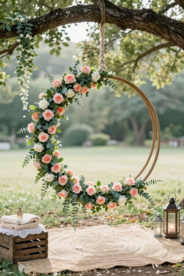 Large crescent-shaped double gold hoop adorned with peach and white roses, eucalyptus greenery, and vines hanging from a tree branch outdoors over a round jute rug on grass, with wooden lanterns, a crate holding folded blankets and a small lamp nearby.