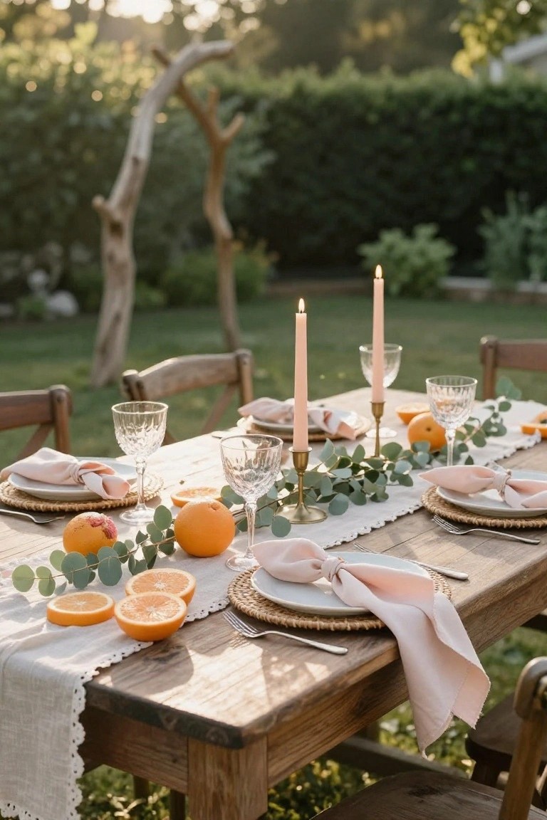 Outdoor wooden table styled with a white runner, eucalyptus leaves, whole and sliced oranges, pink napkins, white plates on woven placemats, glassware, gold candleholders with beige taper candles, and wooden chairs in a garden with greenery background.