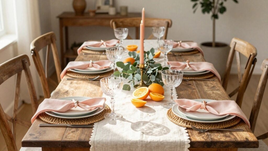 Outdoor wooden table styled with a white runner, eucalyptus leaves, whole and sliced oranges, pink napkins, white plates on woven placemats, glassware, gold candleholders with beige taper candles, and wooden chairs in a garden with greenery background.