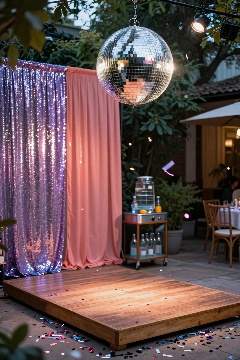 Outdoor elevated wooden platform stage with a hanging silver disco ball overhead, flanked by purple sequin and pink fabric backdrops, a drink station with water dispenser and bottles to the side, chairs and table in the background, and colorful confetti scattered on the ground in a garden patio setting.