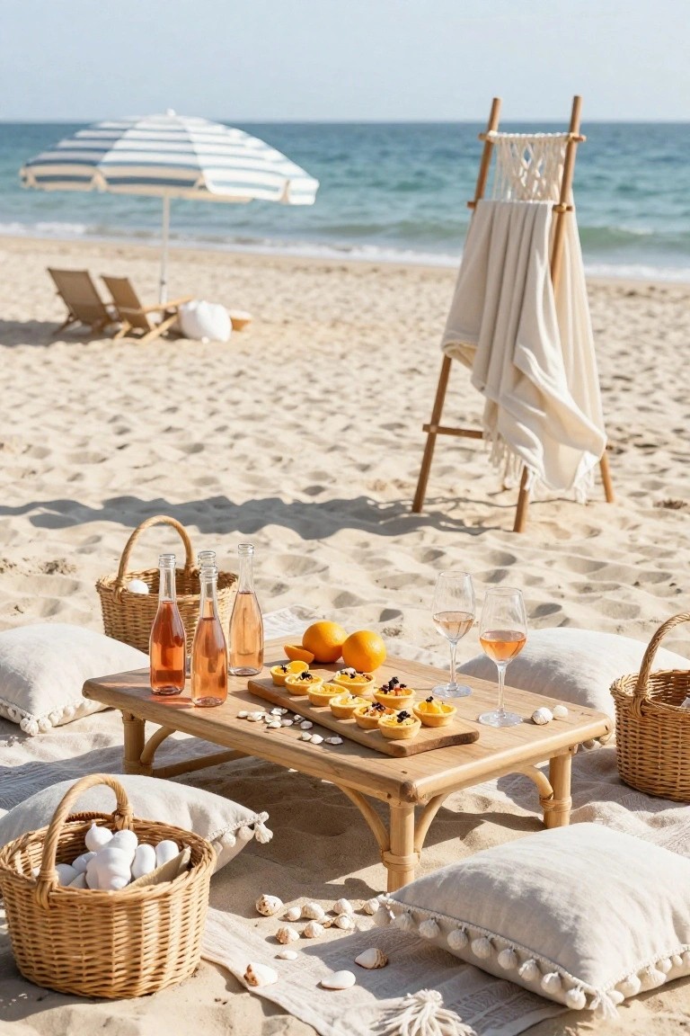 Beach picnic setup on sand with low rattan table holding rosé wine bottles, glasses of pink wine, sliced oranges, pastries, and cheese board, surrounded by white cushions, wicker baskets with eggs, and seashells, ocean umbrellas and chairs in background.