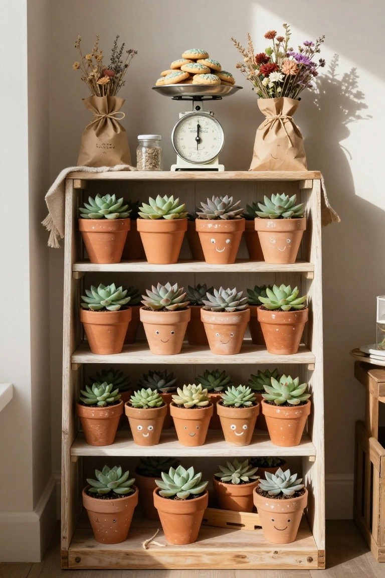 Wooden shelf holding many small terracotta pots with succulents, most pots have hand-drawn smiley faces, topped with a scale holding cookies and bags of dried flowers.