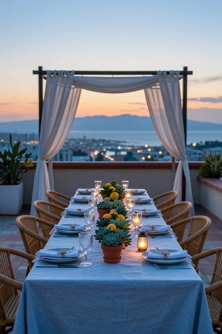 Long outdoor dining table on a terrace with blue linen cloth, citrus and succulent centerpieces, candles, glassware, sheer curtains draped on a wooden arch framing sunset ocean view with mountains, city lights, and plants nearby.