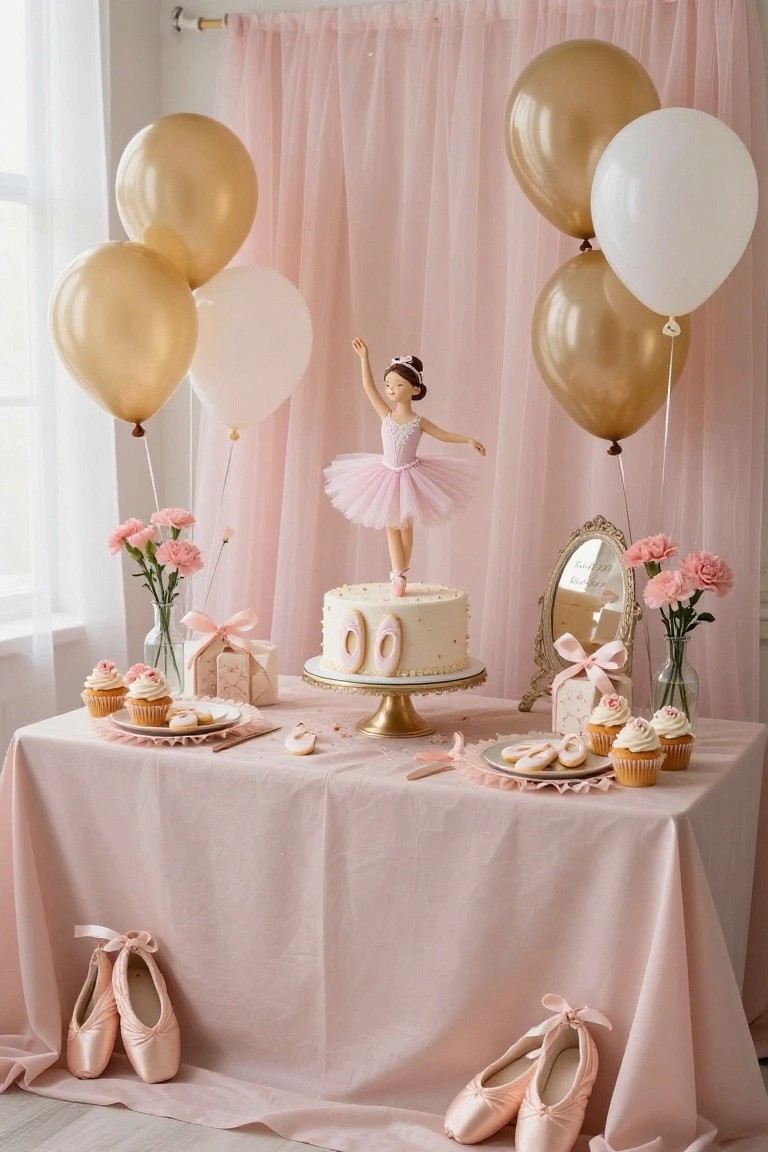 Pink tablecloth-covered table displaying a two-tier white cake decorated with ballerina elements and gold sprinkles, surrounded by cupcakes, cookies, a ballerina doll figure, gold and white balloons, tulle backdrop, and pink ballet slippers.