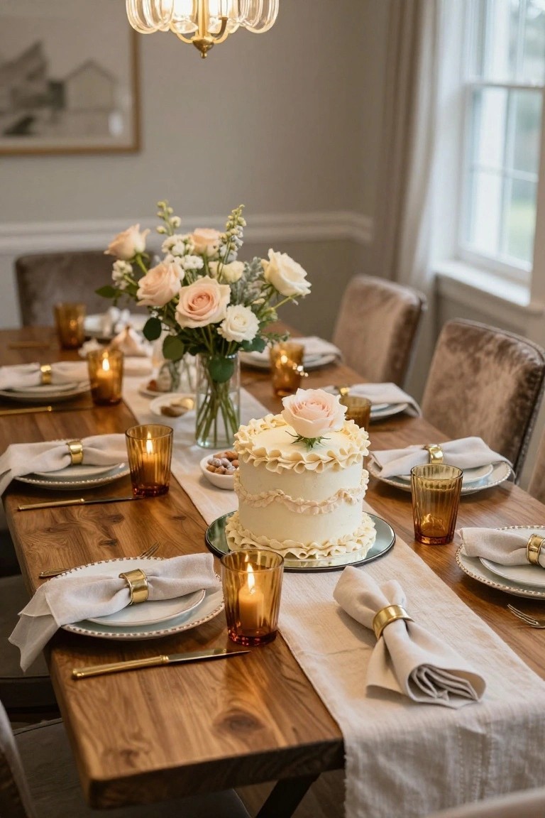 A long wooden dining table set for a party with a white ruffled cake topped by a pink rose at center on a round mirror, flanked by blush rose arrangements in clear vases, amber glass tumblers with lit candles, gold napkin rings on beige napkins, white plates, and beige runner, with beige velvet chairs.