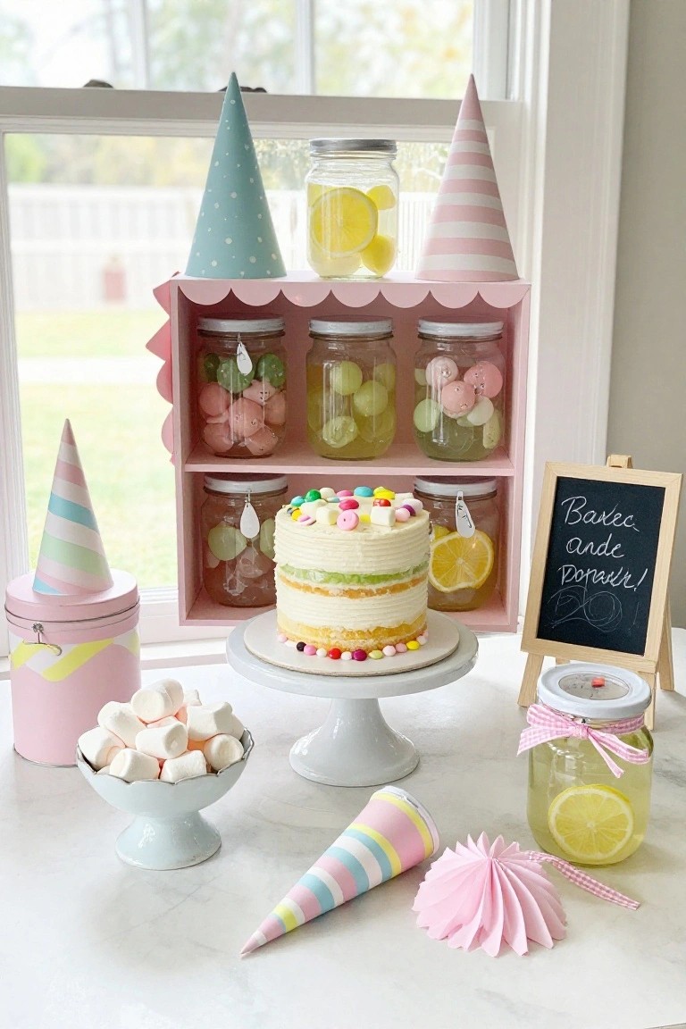 Pink scalloped shelf on a table displaying jars filled with colorful candies, gummies, and lime slices, next to a multi-layered lemon cake on a stand, with party hats, marshmallows, and a lemonade jar nearby.