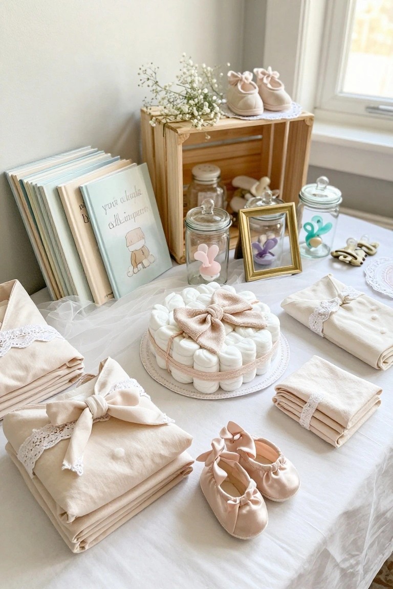 A baby shower table display with a tall diaper cake centerpiece tied with a pink bow, flanked by stacks of folded beige swaddles with lace trim, baby books, glass jars containing baby accessories, tiny pink ballet slippers, and a wooden crate shelf in the background.