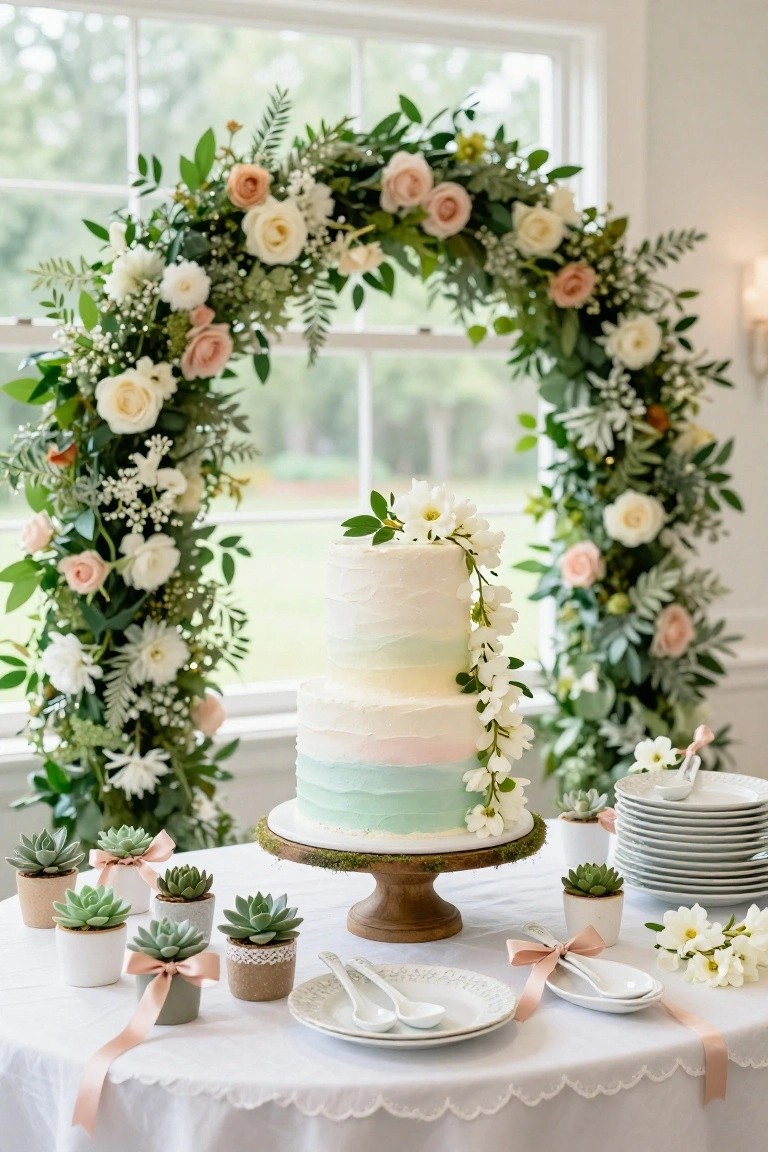 A three-tiered cake with white-to-pastel ombre buttercream frosting and cascading white flowers sits on a wooden pedestal under a tall arch of greenery, pink and white roses, and baby's breath, with potted succulents, white plates, and spoons on a white tablecloth.