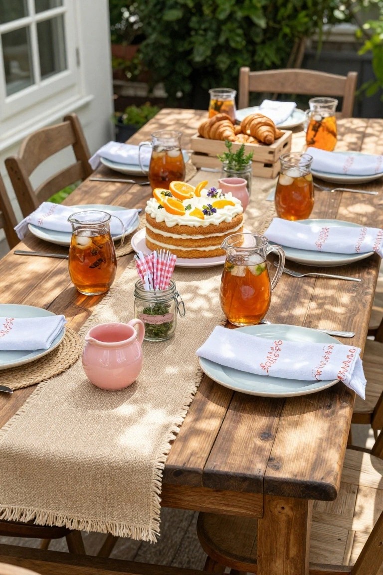 Rustic wooden table outdoors set with iced tea pitchers, glasses, a cake with orange slices and berries, croissants in a basket, pink milk jug, and white napkins on plates.