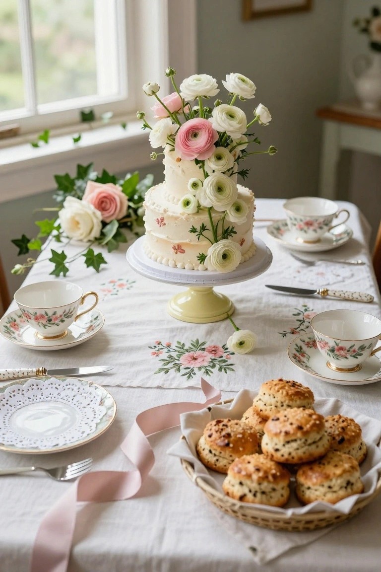Tablescape on a white tablecloth with a two-tier white cake topped and edged with white and pink anemone flowers and greenery on a pale yellow pedestal, surrounded by floral china teacups and saucers, scones in a woven basket, silverware, and pink ribbon.