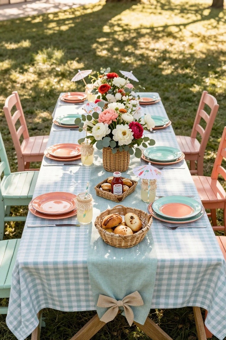 Outdoor wooden table covered in light blue gingham cloth with pastel plates, flower centerpiece in basket, baskets of scones and pastries, colorful chairs, and umbrellas on drinks in a grassy shaded area.