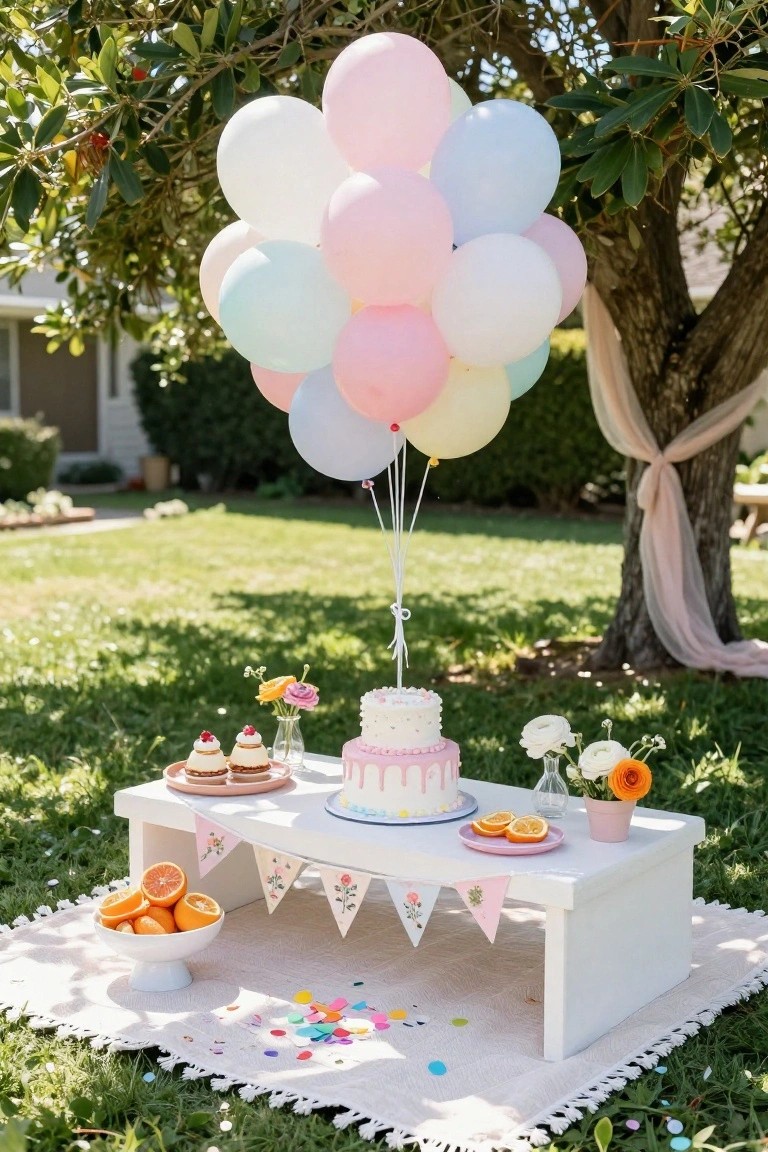 Cluster of pastel pink, blue, and white balloons tethered above a low white wooden table on a picnic blanket in a grassy yard, featuring a white cake with pink drizzle, cupcakes, orange slices, flowers, and garlands under a tree with draped fabric.