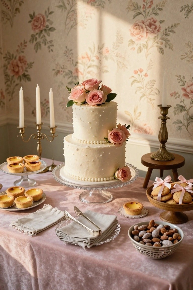 Two-tier white cake with pearl embellishments and pink roses on a glass stand, surrounded by platters of egg tarts, ribbon-tied cookies, and sugared almonds on a pink velvet tablecloth with candelabras nearby.