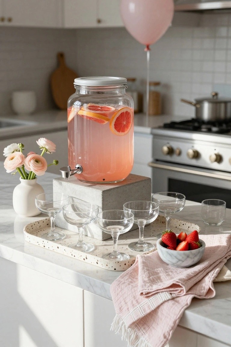 Kitchen counter displaying a glass dispenser of pink grapefruit lemonade with floating grapefruit slices on a square concrete pedestal, with champagne coupe glasses on a tray, a bowl of strawberries, ranunculus flowers in a vase, and a pink balloon in the background.