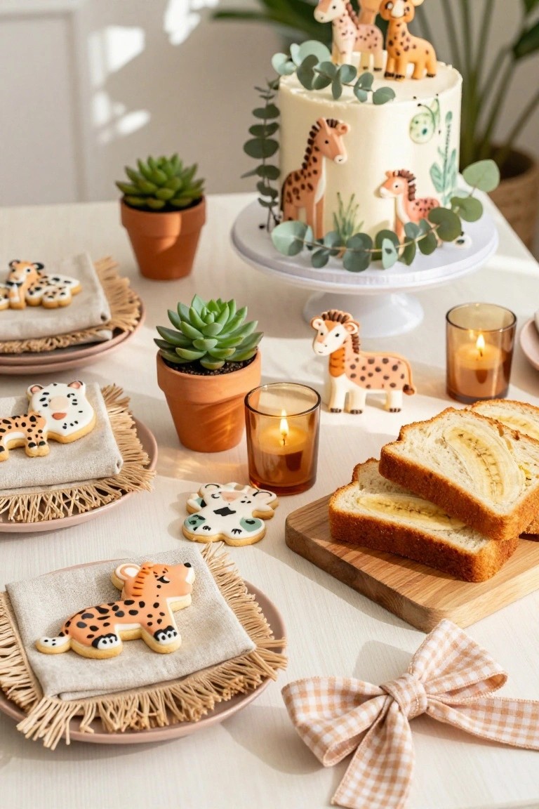 Tablescape for a safari-themed baby shower with a tall white cake topped by giraffe figures and eucalyptus, leopard-shaped cookies on fringed napkins, potted succulents, amber candles, banana bread on a wood board, and a beige bow.
