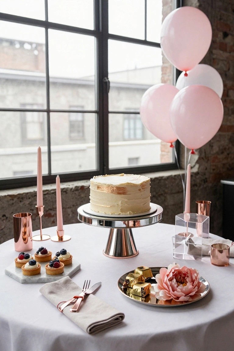 Round table with white cloth in industrial room with large windows, rose gold cake stand with white cake topped in gold, pink and white balloons clustered by window, rose gold candleholders with pink candles, berry tarts on marble plate, gold chocolates and pink fabric flower on silver plate, copper cups and utensils nearby.