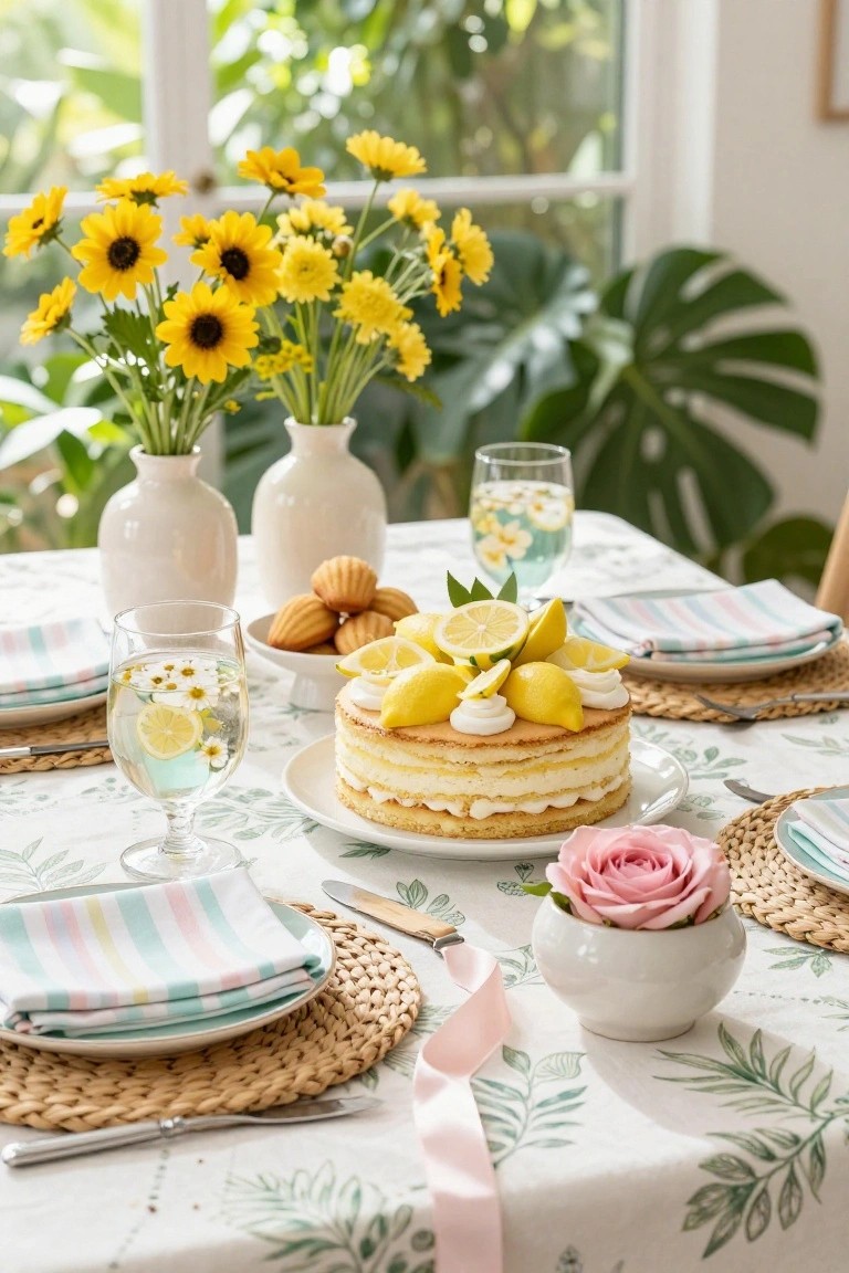 A dining table styled with a tall layered white cake topped with whole lemons and dollops of frosting, surrounded by vases of yellow daisies, glasses of water infused with lemon slices and daisies, pastel striped napkins, rattan placemats, and a small pink rose in a white bowl on a tablecloth with green leaf patterns.