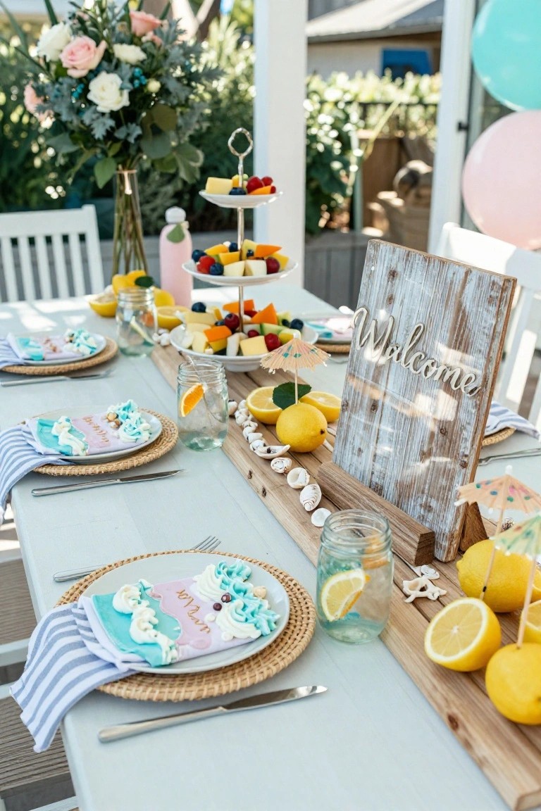 Outdoor baby shower tablescape on a wooden table with a rustic 
