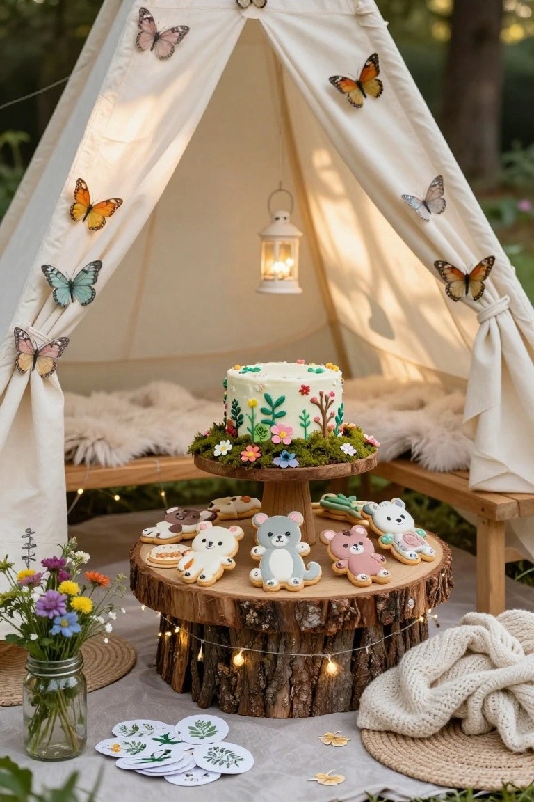 White teepee tent adorned with colorful butterfly decorations frames a two-tier white cake with green moss base and floral toppers on a wooden pedestal, surrounded by animal-shaped cookies on a wooden stump base with fairy lights, lantern, flowers, and rugs in an outdoor woodland setting.