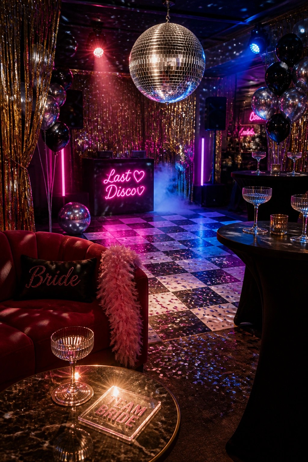 A disco-themed party space with a red velvet couch labeled 
