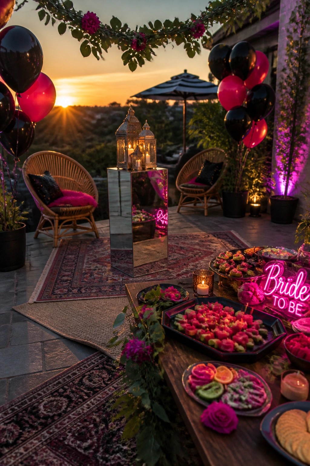 An outdoor patio at sunset decorated with black and pink balloons, lanterns, patterned rugs, food platters, wicker chairs, and a pink neon Bride to Be sign.