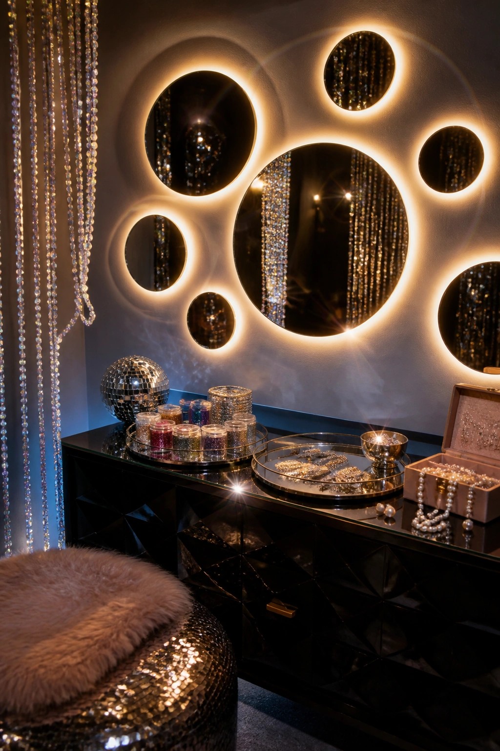 A black vanity with jewelry trays and a disco ball sits below a wall of round mirrors with warm circular backlighting and hanging crystal strands.