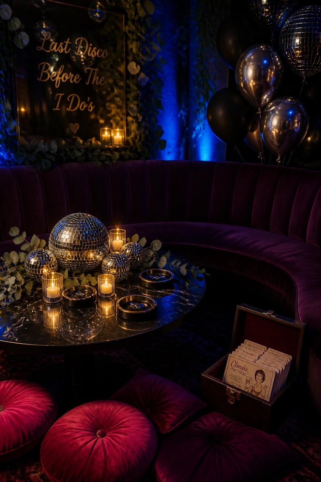 A round marble table with several small disco balls, lit candles, and greenery sits in front of a curved purple velvet couch, with black and silver balloons visible in the background.