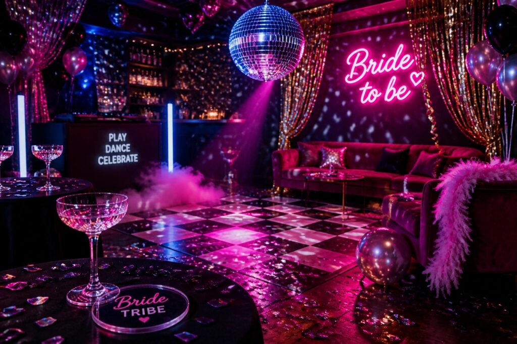 A disco-themed party space with a red velvet couch labeled "Bride," a large disco ball overhead, a checkered dance floor with confetti, and neon signs reading "Last Disco.