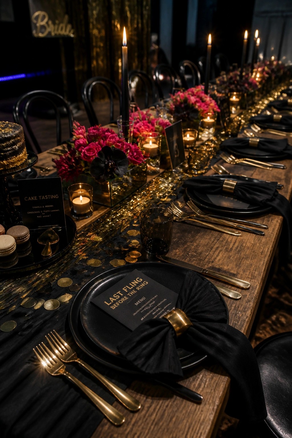 A long wooden table set for a bachelorette party with black plates, gold cutlery, black napkins, lit candles, and floral centerpieces.
