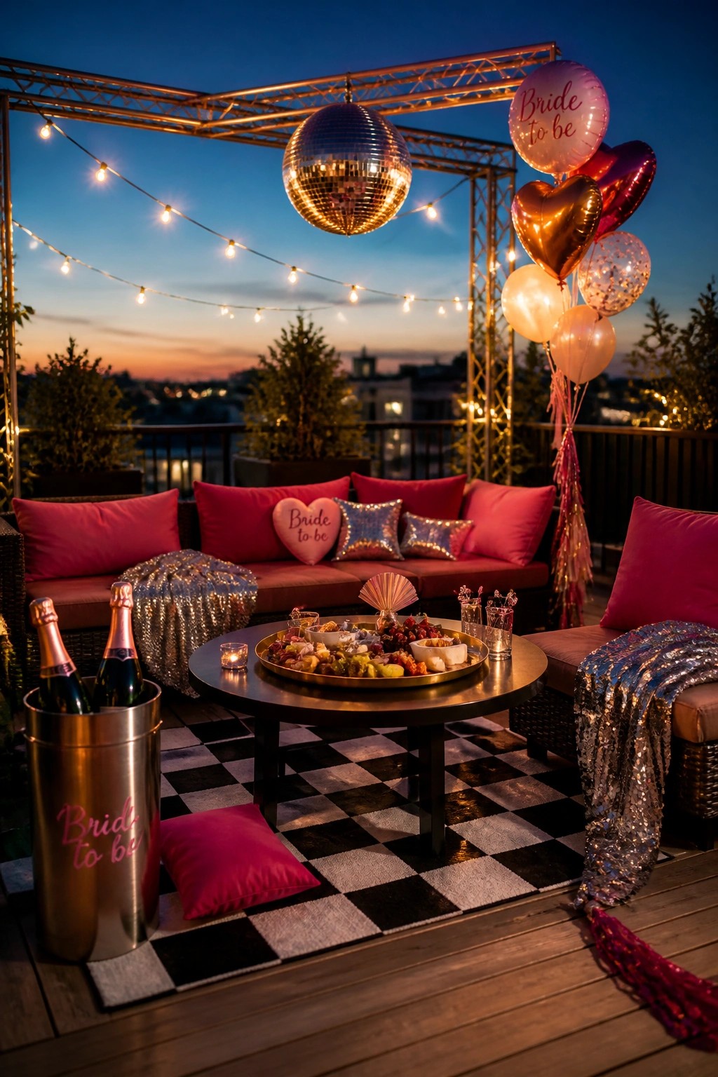 A rooftop patio lounge decorated for a bachelorette party with a large hanging disco ball, red seating, heart-shaped balloons, string lights, and a round food table on a black and white checkered rug.