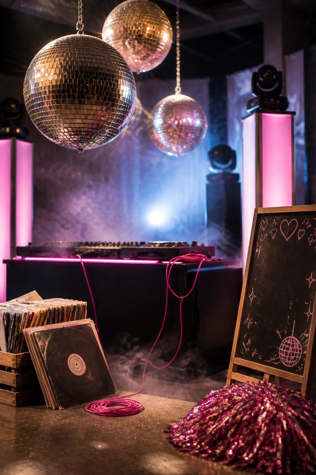 An indoor party space features multiple hanging disco balls above a DJ console with pink lighting, vinyl records stacked nearby, and a chalkboard sign on the right.
