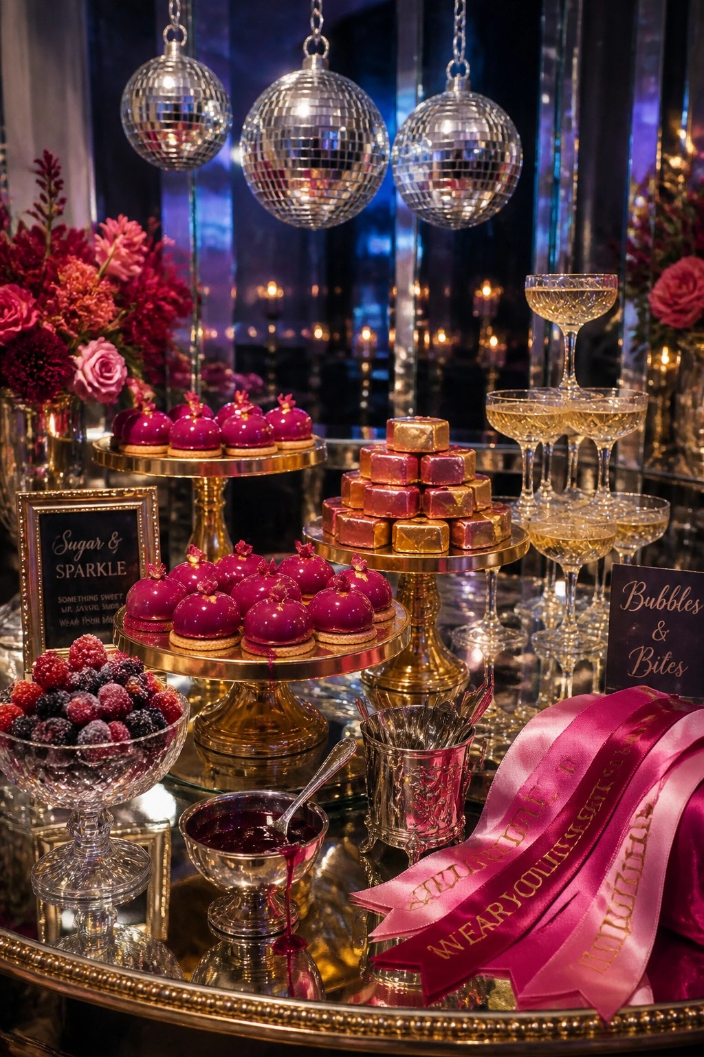 A party dessert table with magenta pastries, gold chocolates, berries, champagne glasses, and three hanging disco balls above it.