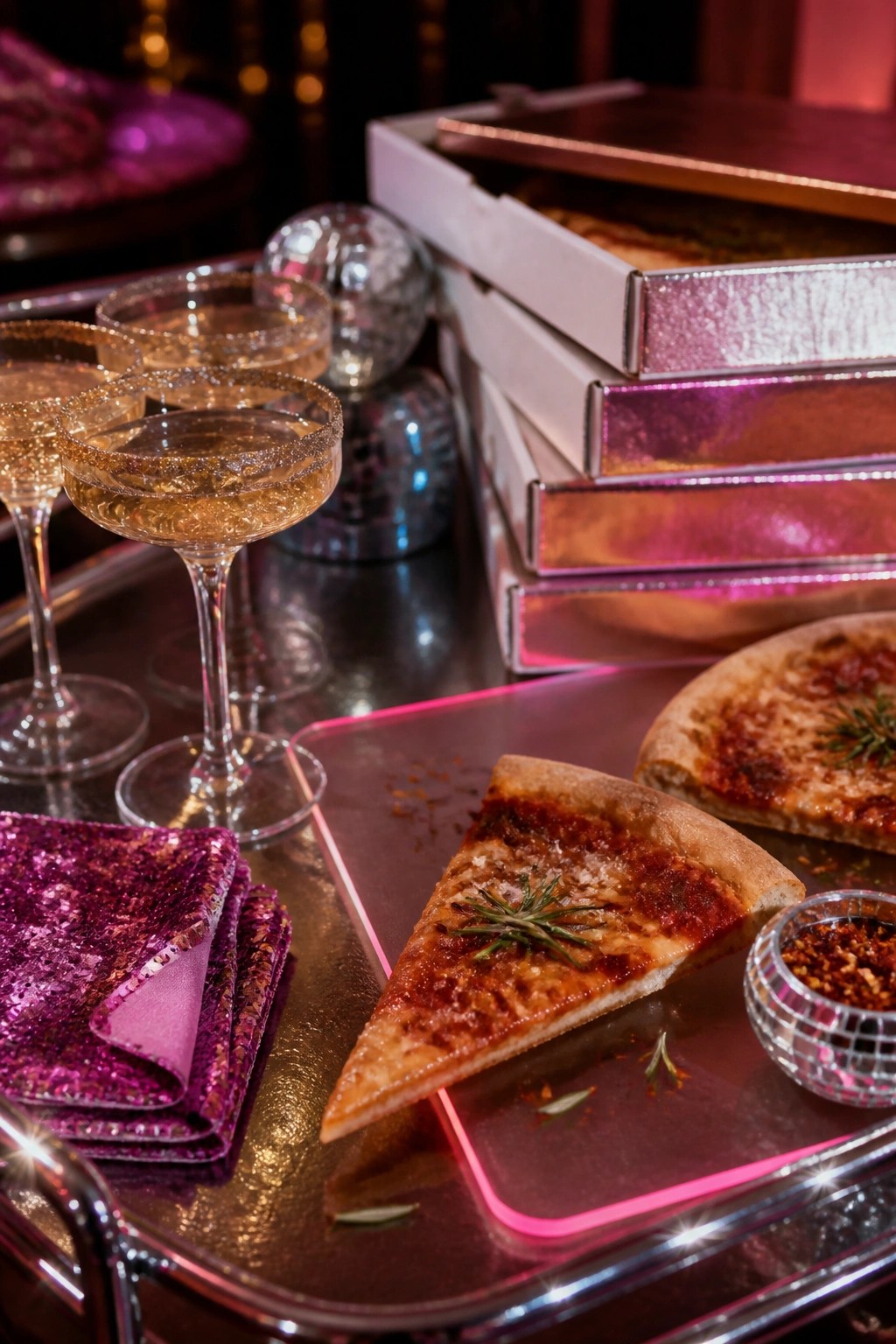 A pizza slice on a glowing tray beside stacked metallic pizza boxes, sugar-rimmed champagne glasses, sequin napkins, and a disco ball bowl of red pepper flakes.