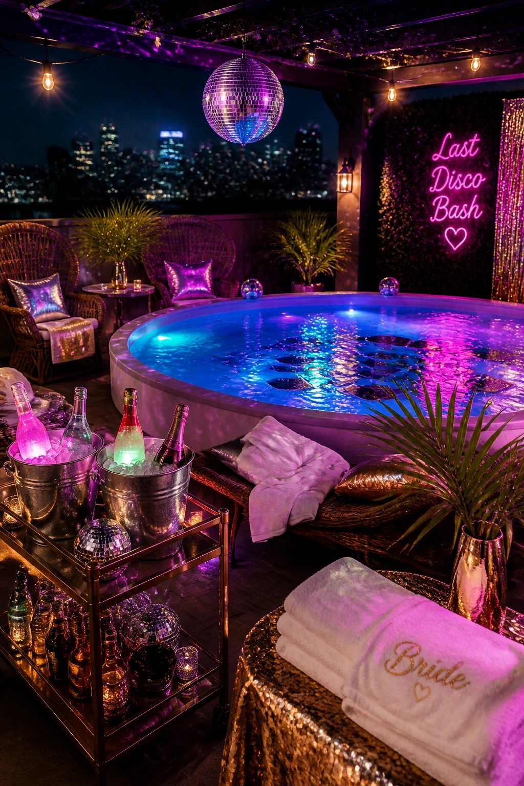 A nighttime rooftop party scene featuring a large circular pool lit in blue and pink, a disco ball overhead, ice buckets with bottles, wicker seating, and a pink neon sign on the wall.