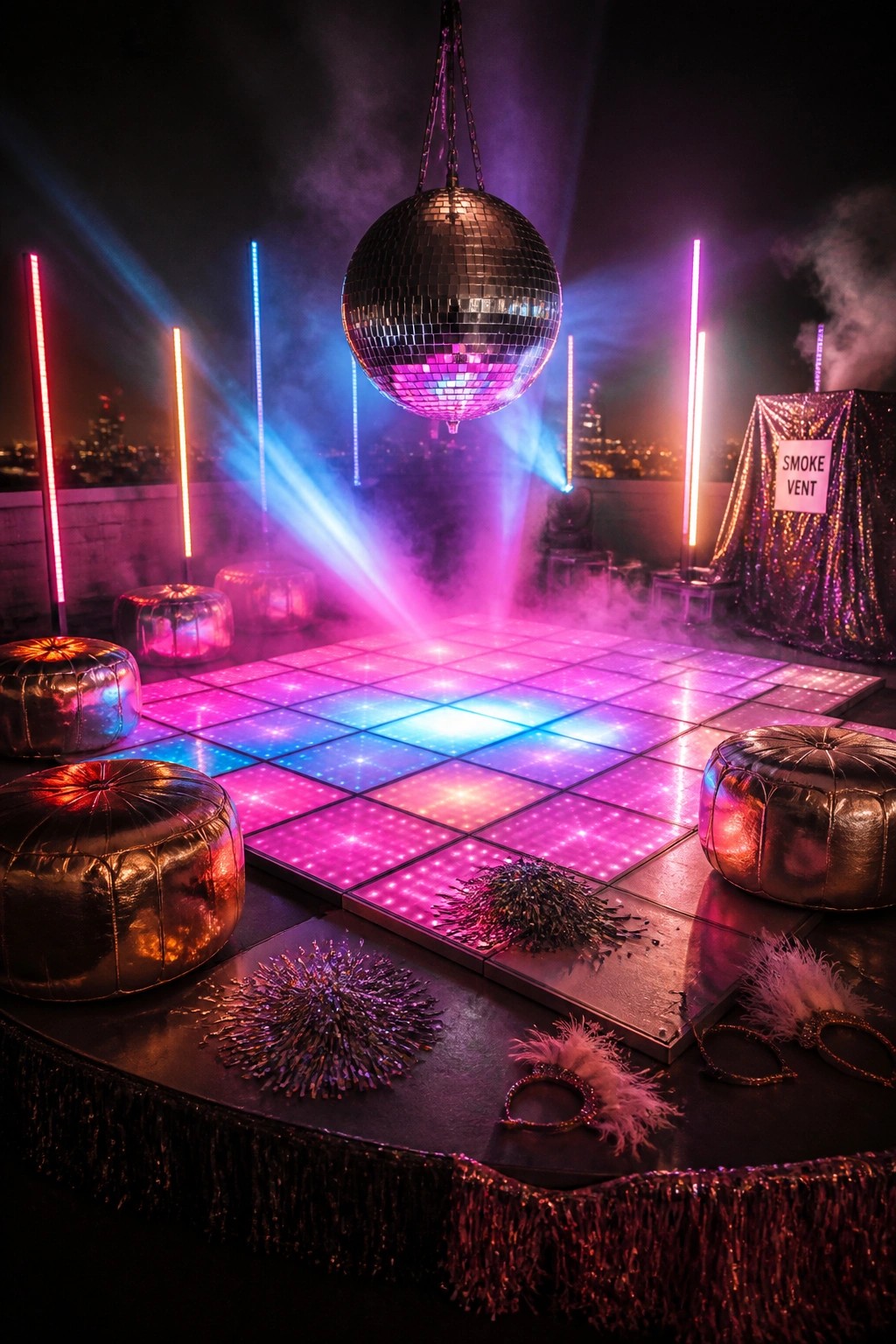 A rooftop dance area at night with a square illuminated dance floor, a large disco ball hanging above, colorful vertical lights, and metallic poufs arranged around the edges.