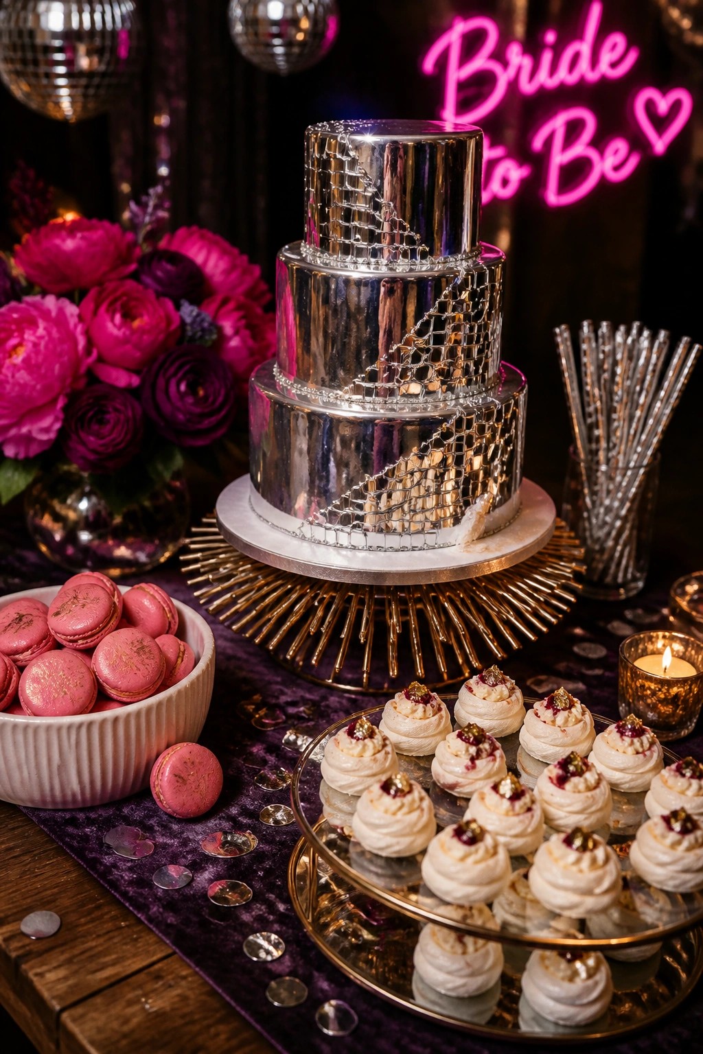 A three-tier metallic silver cake with lattice details sits on a gold stand beside pink macarons and meringue desserts, with a pink neon Bride To Be sign and disco balls in the background.
