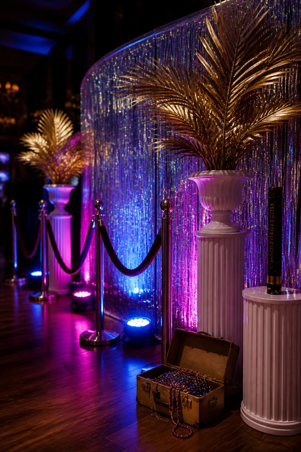 A party area with a large blue tinsel curtain backdrop, gold palm plants in white urns, velvet rope stanchions, spotlights on the floor, and an open suitcase of colorful beads.