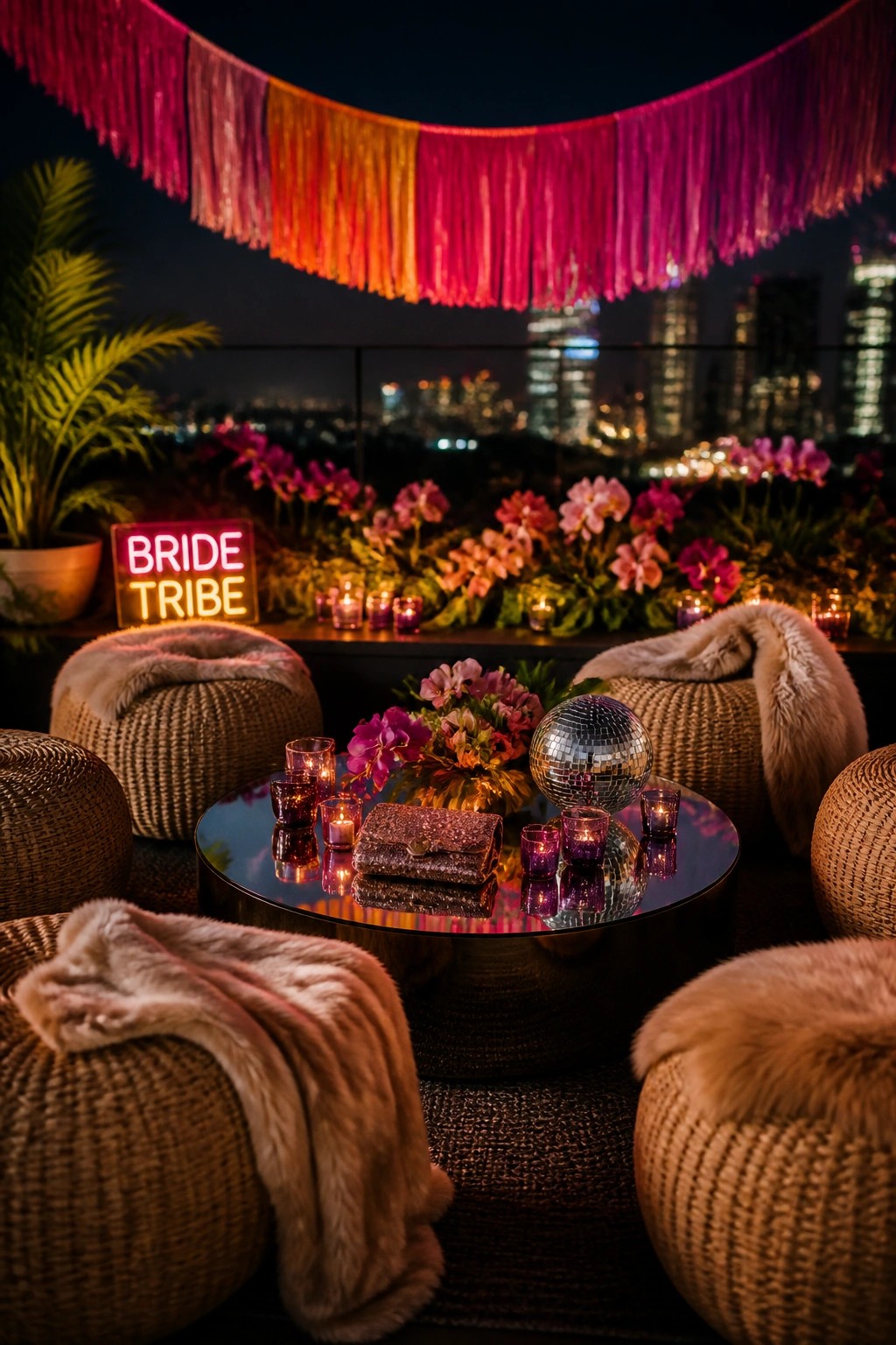A nighttime rooftop lounge setup with a mirrored table holding a disco ball, candles, a glittery clutch, and flowers, surrounded by woven poufs with fur throws, a neon bride tribe sign, and a city skyline in the background.