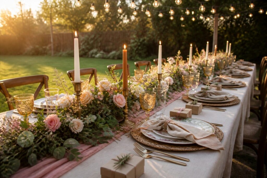 A long wooden table set outdoors with floral arrangements, mixed-height taper candles, plates, and string lights overhead at dusk.