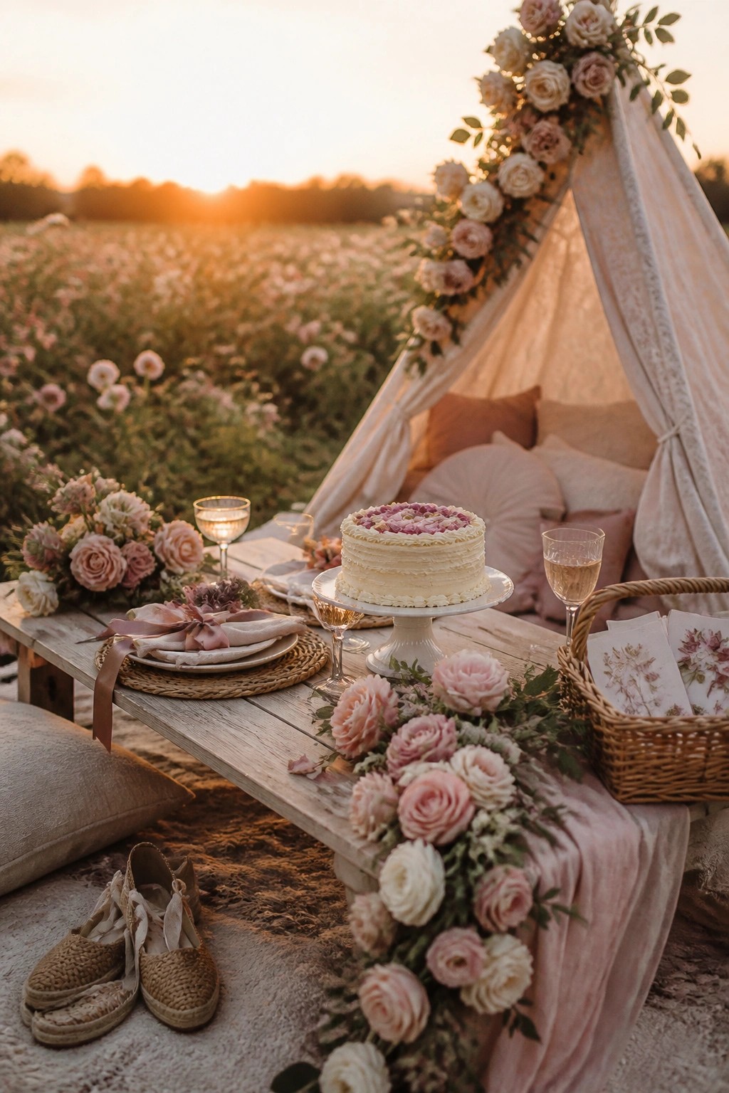 A white cake on a pedestal sits on a low wooden table in a flower field at sunset, with pillows, a draped canopy, wine glasses, and a basket nearby.
