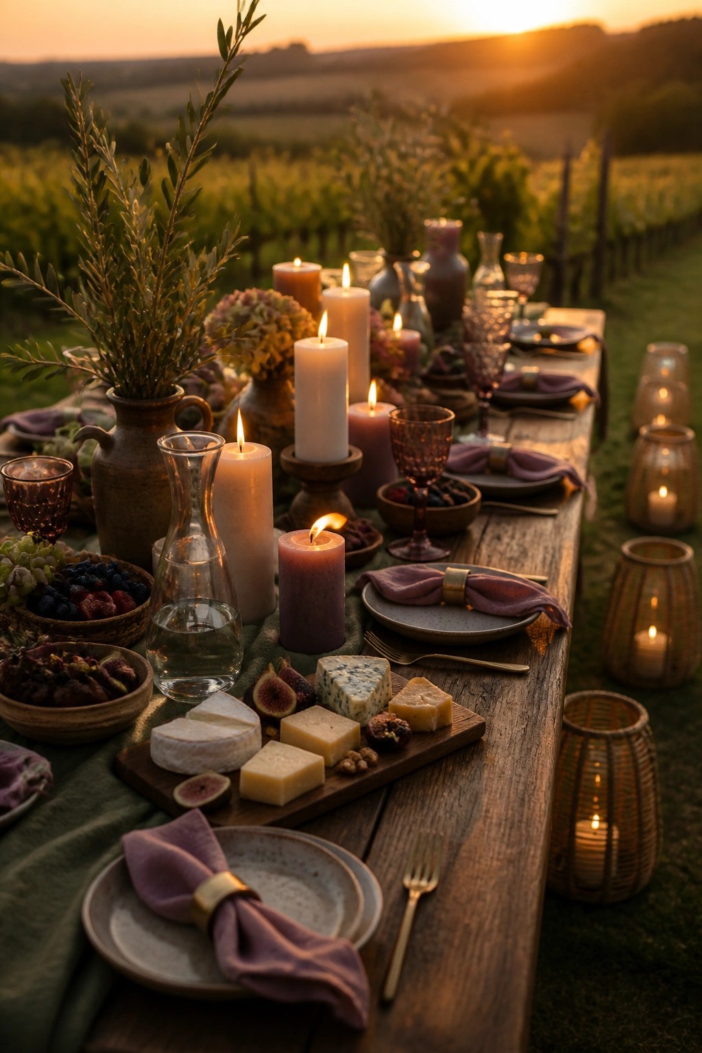 A long wooden table outdoors at sunset with lit candles of various heights, cheese, fruits, purple napkins, and wine glasses set in a vineyard.