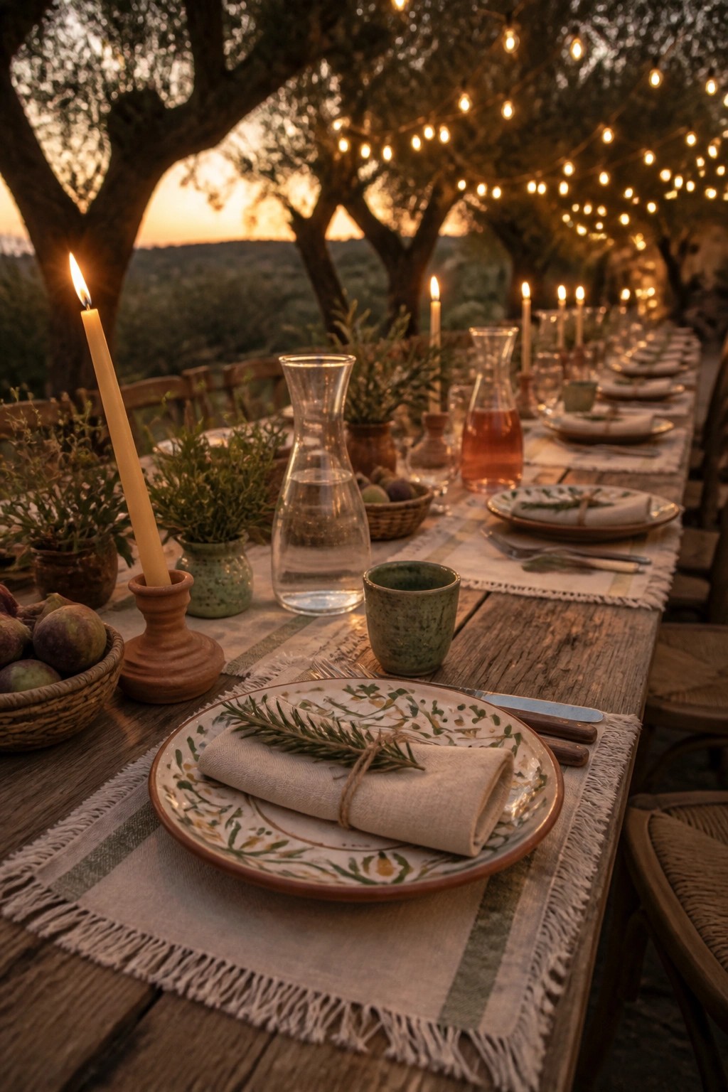 A long wooden table set for dinner with plates, napkins, candles, and glassware under string lights in a grove of trees at dusk.