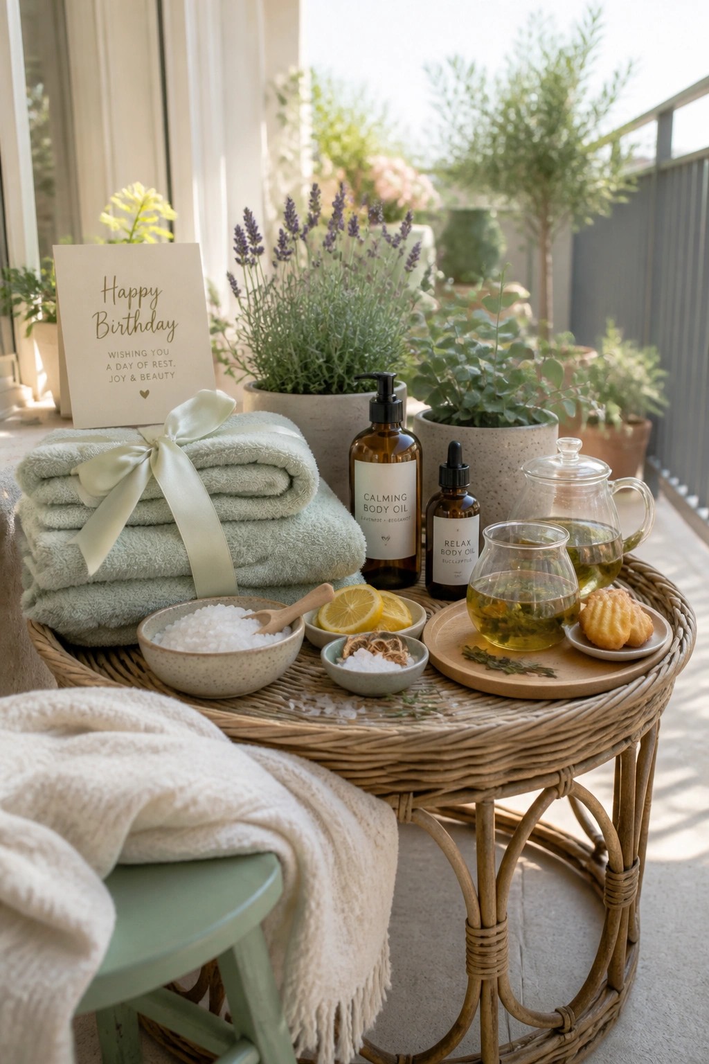 A wicker table on a patio displays folded green towels tied with ribbon, two body oil bottles, bowls of salt and lemon slices, glasses of tea, cookies on a tray, and a birthday card among potted plants.