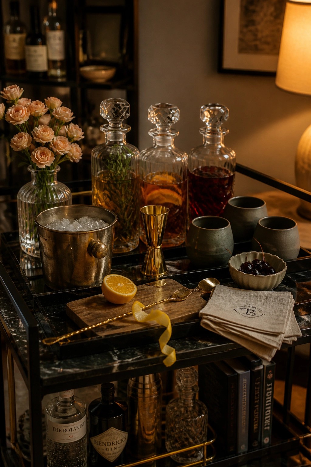 A marble bar cart displays three glass decanters with infused liquids, a metal ice bucket, gold jigger and spoons, a bowl of cherries, and cocktail napkins.