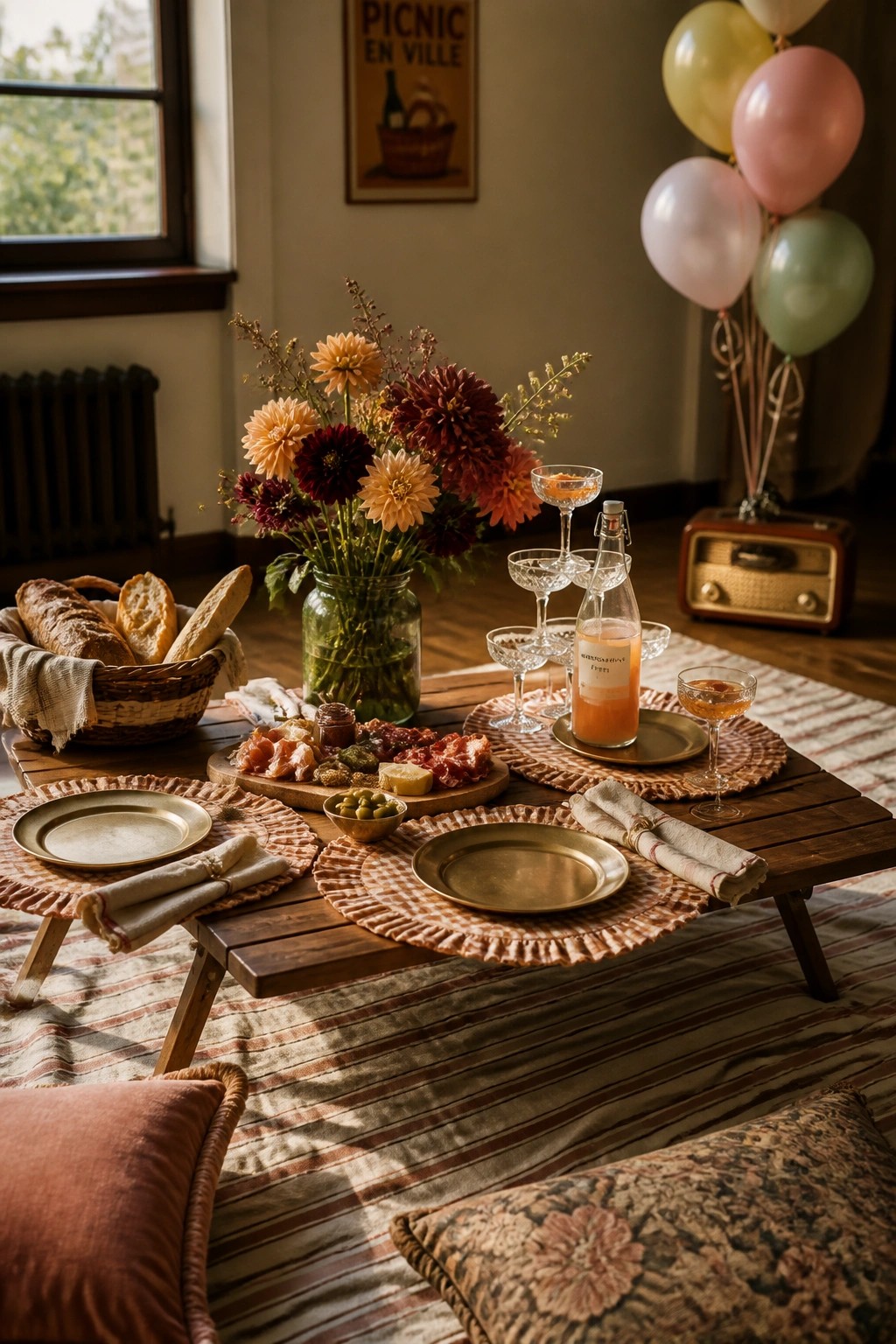 A low wooden table on a striped rug holds plates, food, glasses, and a flower arrangement, with pillows on the floor and balloons in the background.
