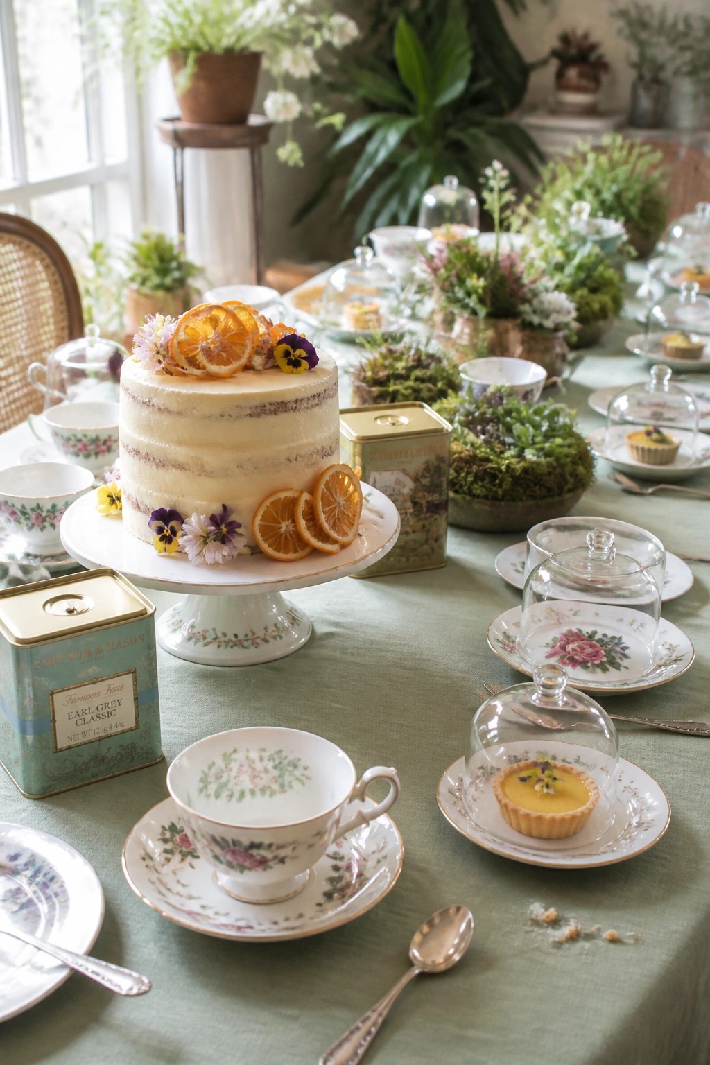 A white cake with dried orange slices and edible flowers sits on a stand surrounded by floral china, tea tins, and small tarts on a green table.