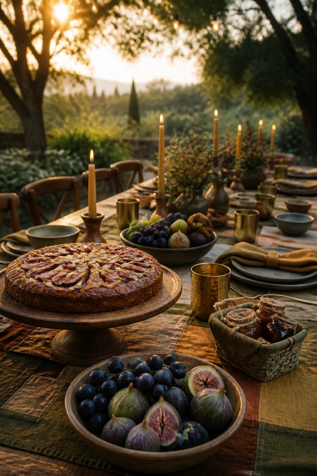 An outdoor dinner table at sunset with lit candles, a fruit tart on a wooden stand, and bowls of fresh figs and grapes.