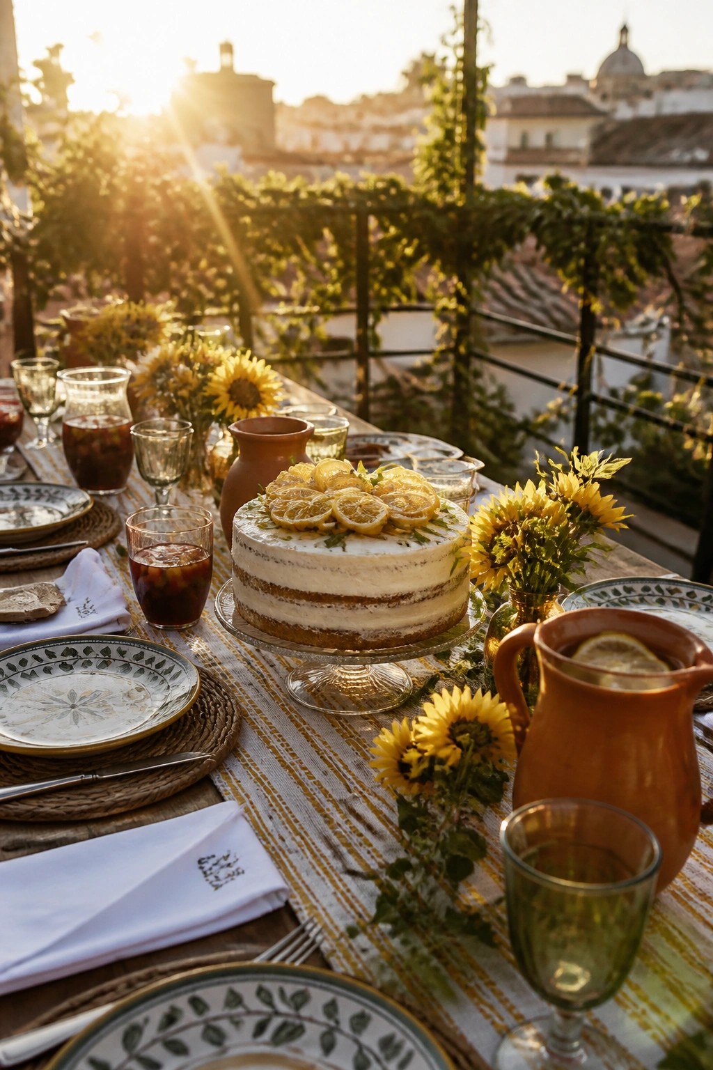 Lemon cake with sunflowers on sunset balcony table overlooking city rooftops
