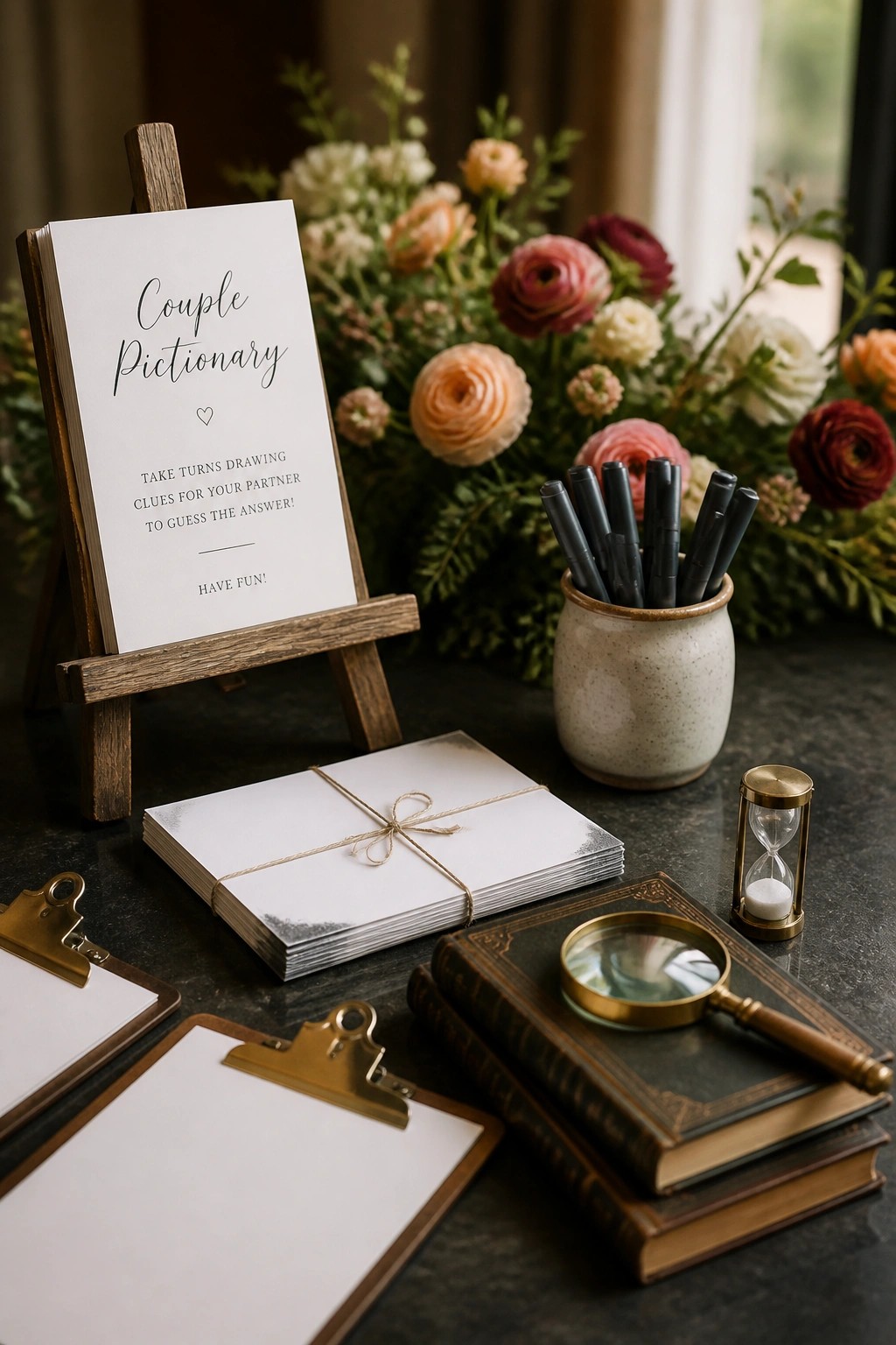 A wooden easel displays a Couple Pictionary sign beside a ceramic jar of markers, bound paper pads, clipboards, old books, and a magnifying glass on a dark table with flowers behind it.